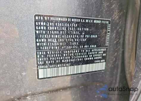 2020 Volkswagen Tiguan Se z USA, uszkodzony, nr VIN 3VV3B7AX7LM074191